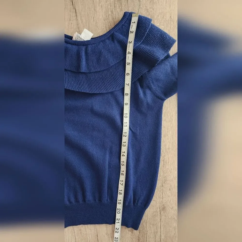 Vintage 80s Lord & Taylor Cozy Knit Lambswool Sweater Blue Tiered Collar‎ Small